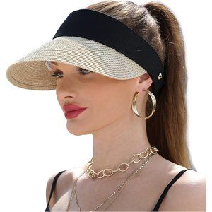 Women Wide Brim Straw Visor UV Protection Packable Sun Hat